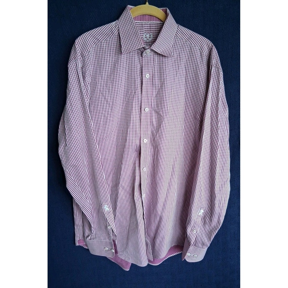 Bugatchi Uomo Mens Dress Shirt Pink Purple White Check Cotton Embroidery 16/40 M